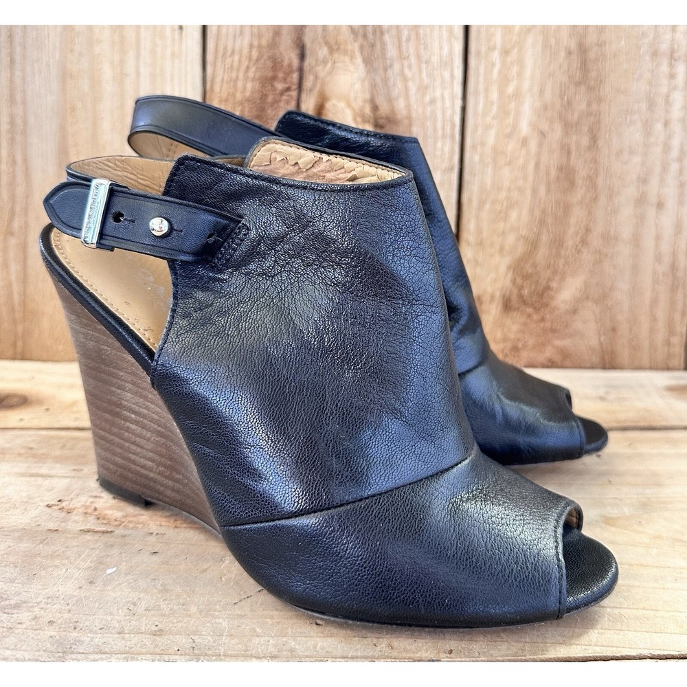 COACH Lindsay Wedge Heels Shoes Black Slingback Peep Toe Sz 6B